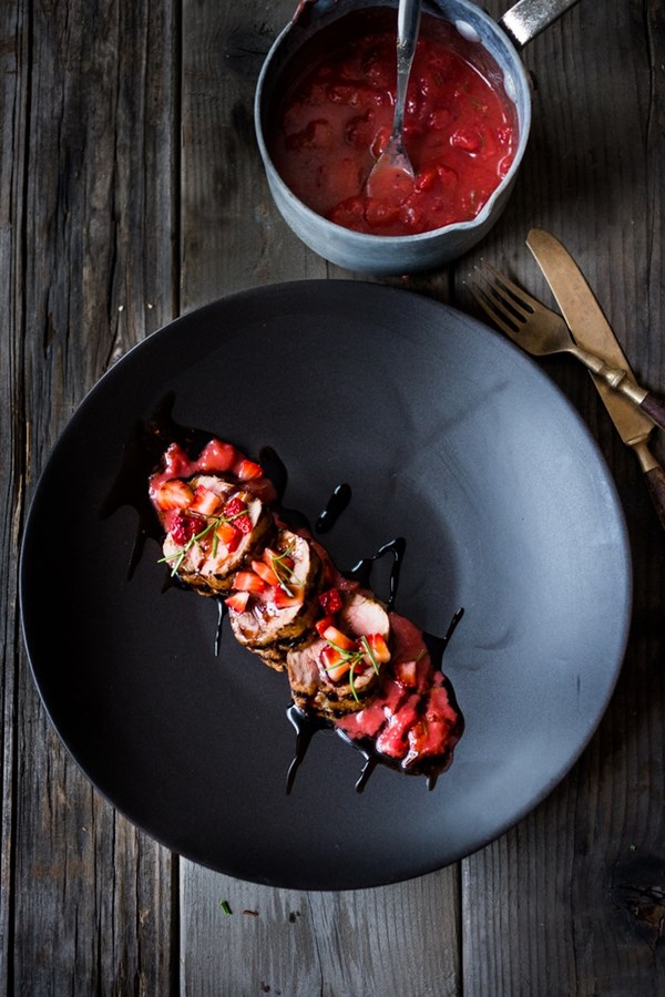 Grilled balsamic pork tenderloin with strawberries & rosemary
