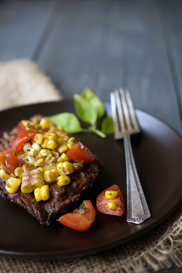 Grilled balsamic skirt steak with grilled corn salsa