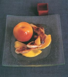 Grilled banana and mango salad with vanilla-poached peach