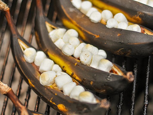 Grilled banana boats with peanut butter, chocolate, and marshmallows