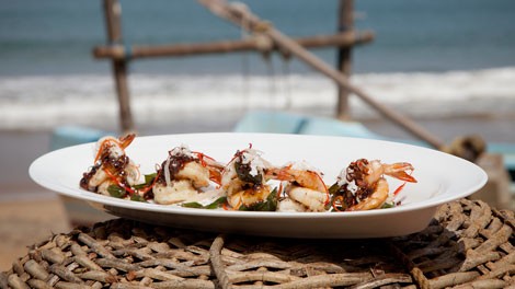 Grilled banana prawns with black pepper and curry leaf sauce