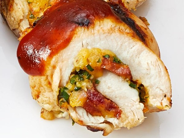 Grilled barbecue bacon-cheddar stuffed chicken breasts