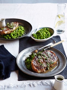 Grilled Barnsley chops with crushed peas and mint sauce