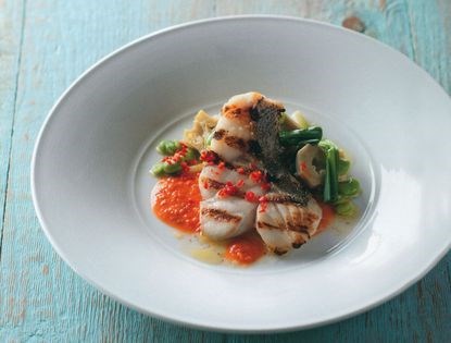 Grilled bass groper with broad beans, artichoke hearts, leeks & romesco sauce