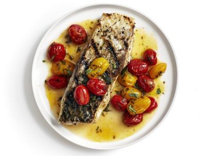 Grilled bass with buttery tomatoes