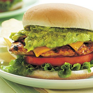 Grilled BBQ chicken sandwiches with spicy avocado spread