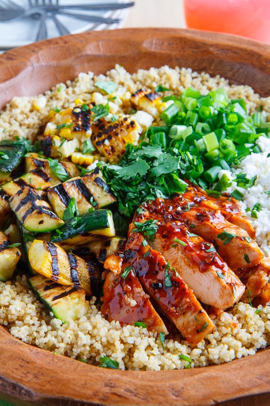 Grilled BBQ chicken, zucchini and corn quinoa salad