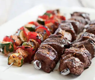 Grilled beef and vegetable kebabs with lemon-rosemary marinade