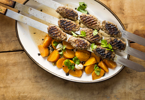 Grilled beef kebabs with pickled persimmons