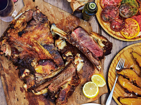 Grilled beef ribs with charred vegetables