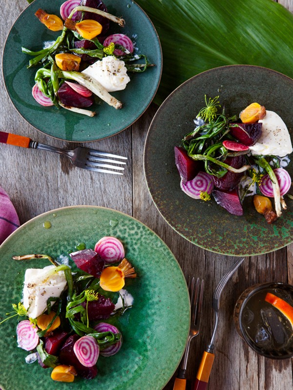 Grilled beets with burrata and poppy seed vinaigrette
