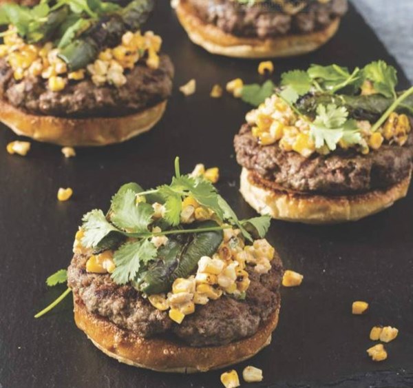 Grilled bison burgers with Mexican corn salad