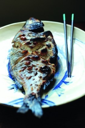 Grilled black bream with miso soup, rice, salad and pickles