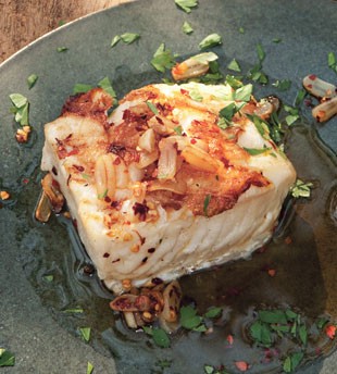 Grilled black cod with fried garlic and chiles