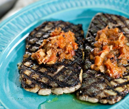 Grilled bluefish with bacon-tomato butter