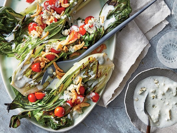 Grilled bok choy "wedge" with blue cheese-buttermilk dressing