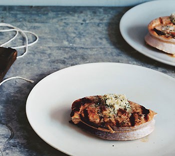 Grilled boneless salmon steaks with horseradish dill butter