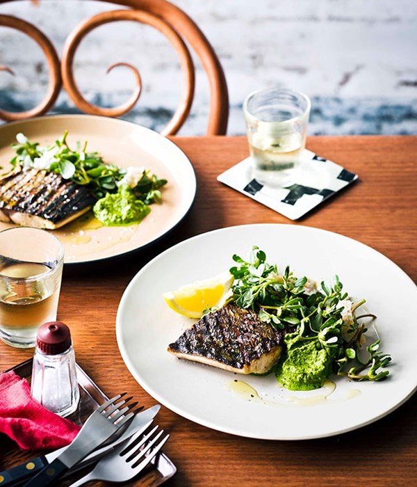 Grilled bonito with baby gem dressing and purslane [Ryan Squires]
