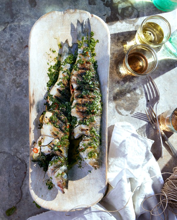 Grilled branzino with cilantro-mint relish