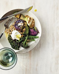 Grilled brassicas with mixed grains and bonito broth