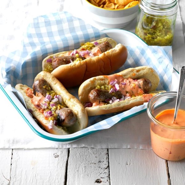 Grilled brats with Sriracha mayo