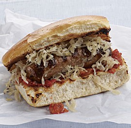 Grilled bratwurst sandwiches with tomato jam and sauerkraut