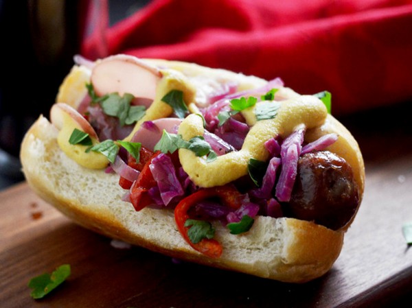 Grilled bratwurst with warm German potato slaw