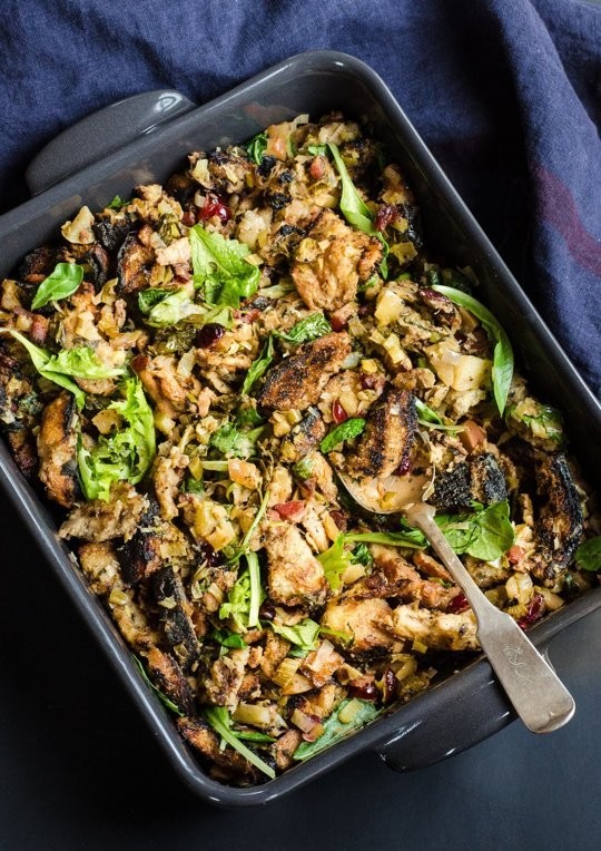 Grilled bread dressing with cranberries & leeks