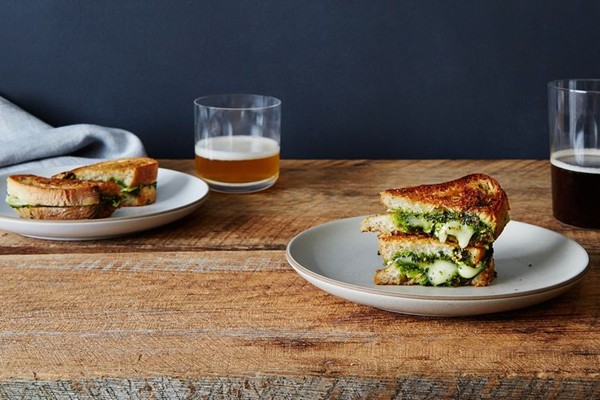 Grilled Brie sandwiches with honey, pistachio, and kale pesto