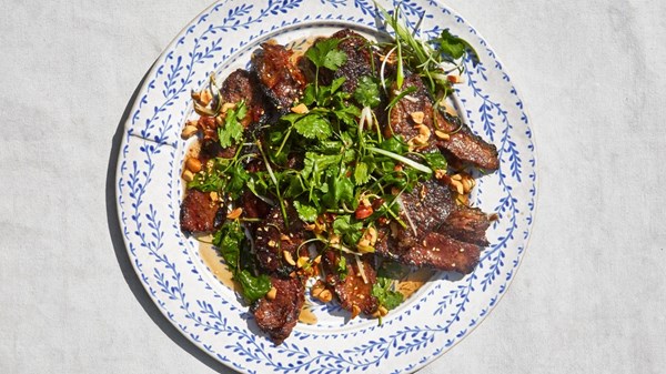 Grilled brisket with scallion-peanut salsa