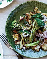 Grilled broccoli and bread salad with pickled shallots