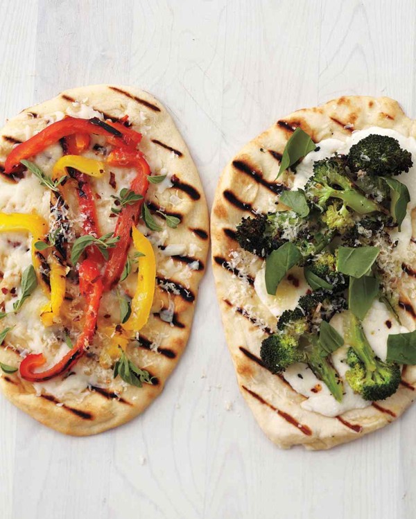 Grilled broccoli flatbread pizzas