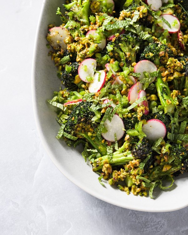 Grilled broccoli with pistachio and citrus vinaigrette