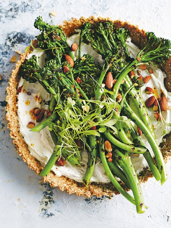 Grilled broccolini and labne almond tart