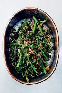 Grilled broccolini with garlic, crushed red pepper flakes & red wine vinegar