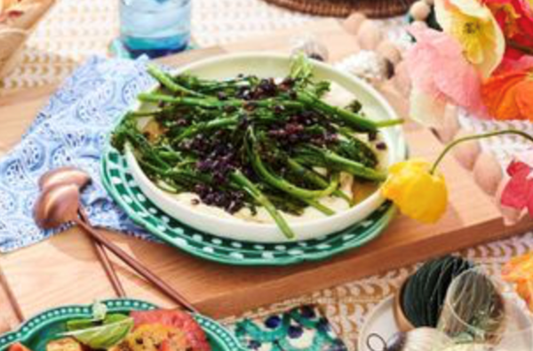 Grilled broccolini with macadamia cream and sweet and sour currants