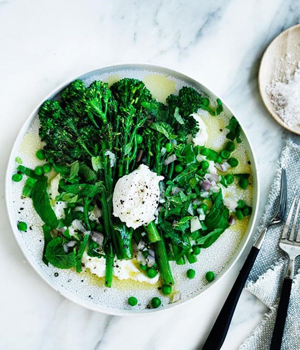 Grilled broccolini with peas, goat's curd and mint
