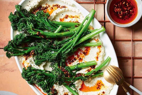 Grilled broccolini with salsa di mandorle and chilli