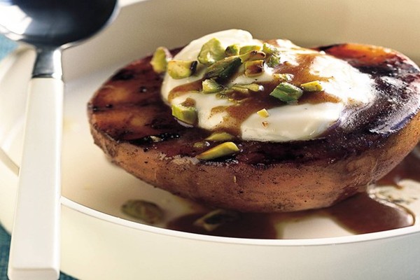 Grilled brown-sugar peaches with white chocolate