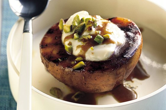 Grilled brown-sugar peaches with white chocolate