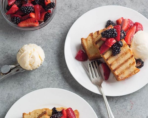 Grilled browned butter pound cake with berries [browned butter]