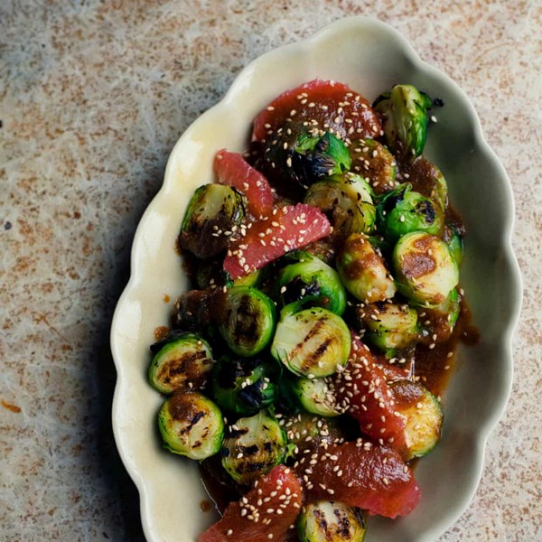 Grilled Brussels sprouts with miso butter and oranges