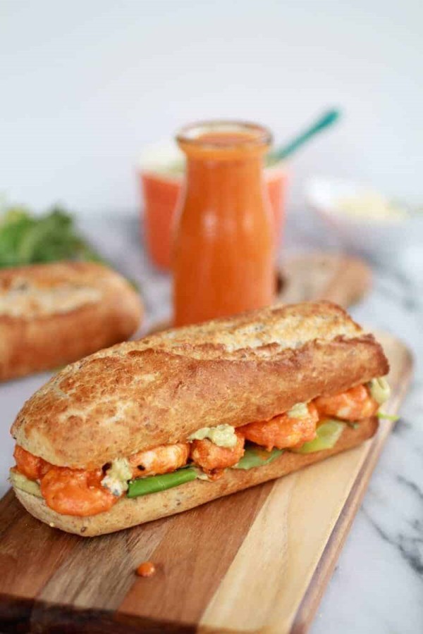 Grilled Buffalo shrimp sandwiches with spicy avocado ranch
