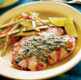 Grilled butterflied chicken breasts with cilantro-lime butter