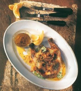 Grilled butterflied chicken with tomme, ricotta verde & sweet shallot vinaigrette
