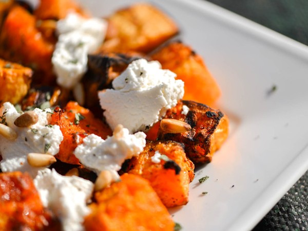 Grilled butternut squash with fresh ricotta, pine nuts, and sage