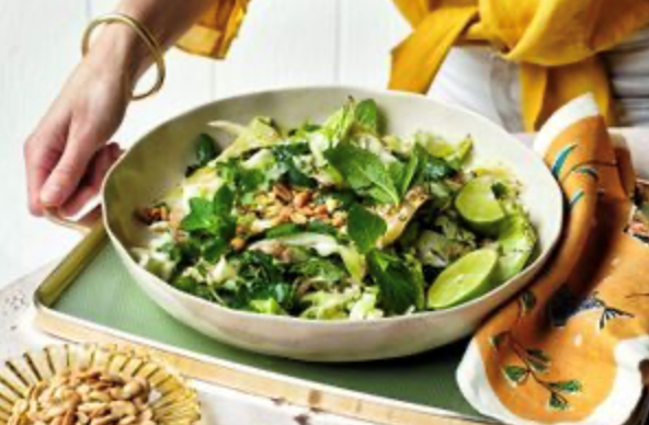 Grilled cabbage slaw with fish sauce dressing, peanuts, lime and coriander