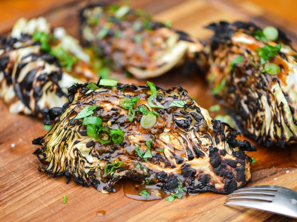 Grilled cabbage wedges with ginger-miso dressing
