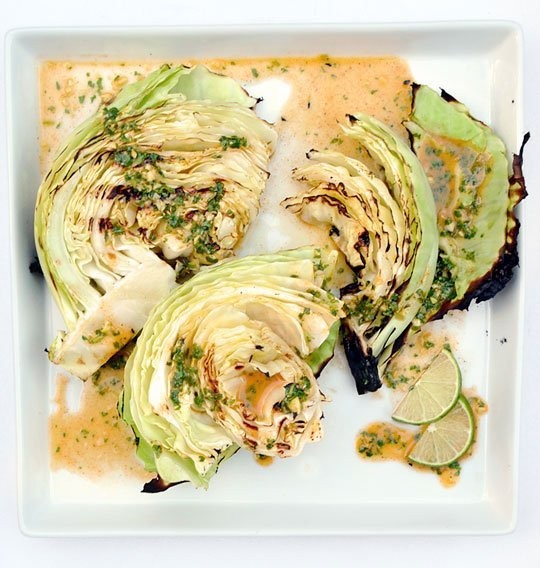 Grilled cabbage wedges with spicy lime dressing