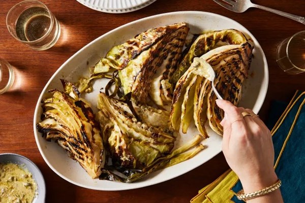 Grilled cabbage with preserved lemon mostarda